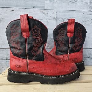 Roper Leather Ostrich Print Floral Red Black Western Boots Womens Size 7